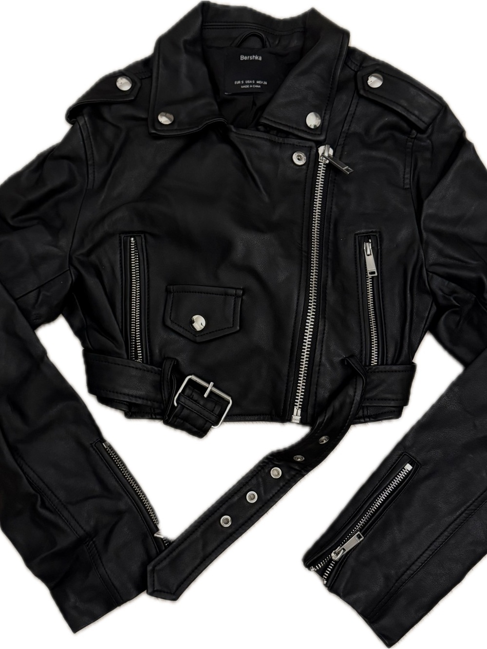 Bershka Black Cropped Faux Leather Moto Jacket with Belt